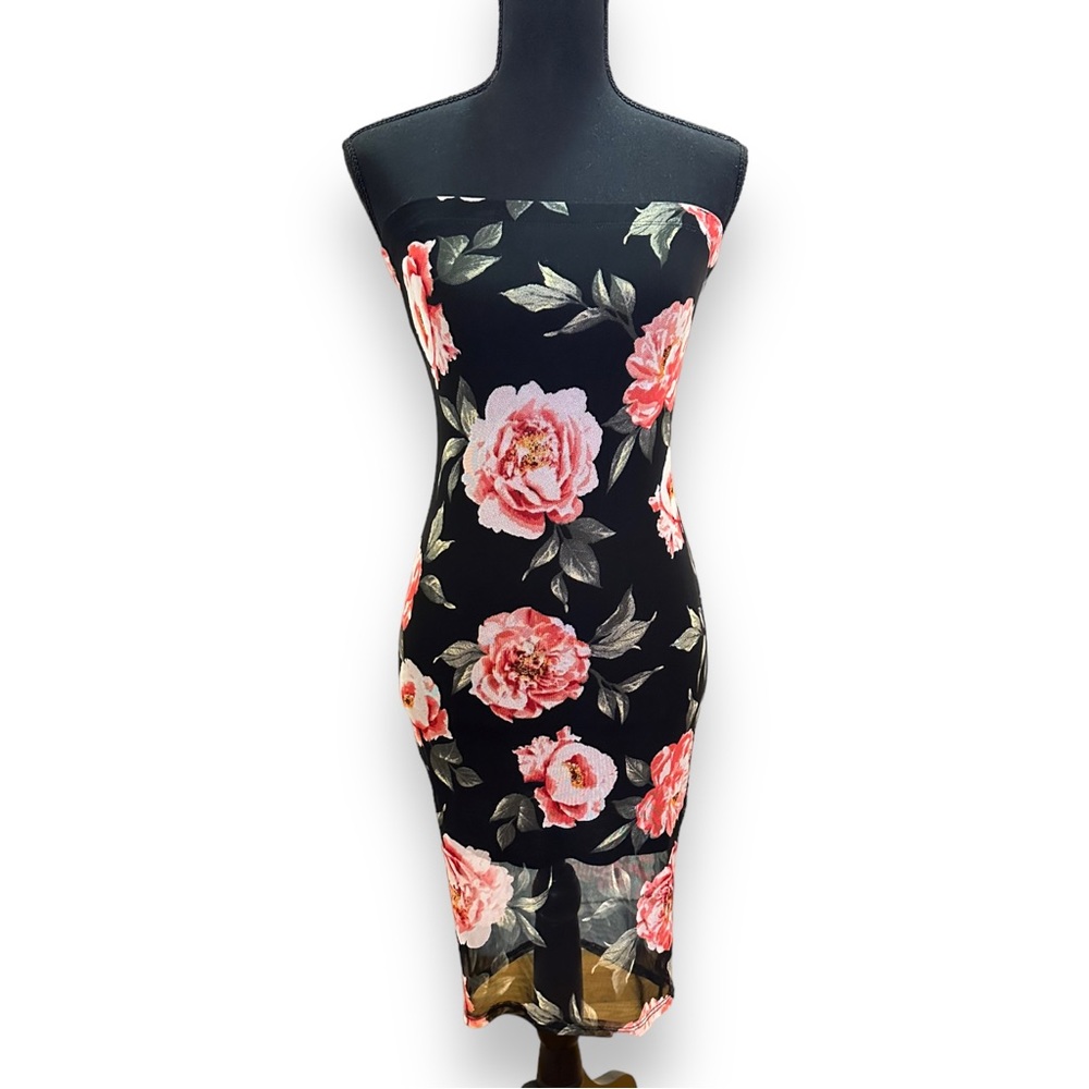 Mezzanine Floral Print Strapless Midi Dress w/ Mesh Overlay - Small
